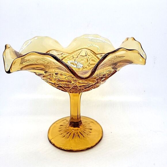 Imperial Glass Hobstar Amber Compote Pedestal Compote  Ruffled Bowl Candy Dish - Picture 7 of 7
